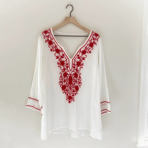 White w/ Red Embroidery V-neck Cover Up One Size - Picture 1 of 3